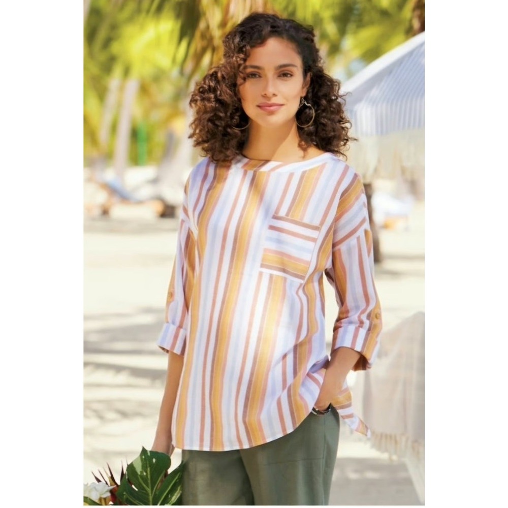 Soft Surroundings Shirt Women Medium‎ White Orange Striped Tunic Top Preppy Boho
